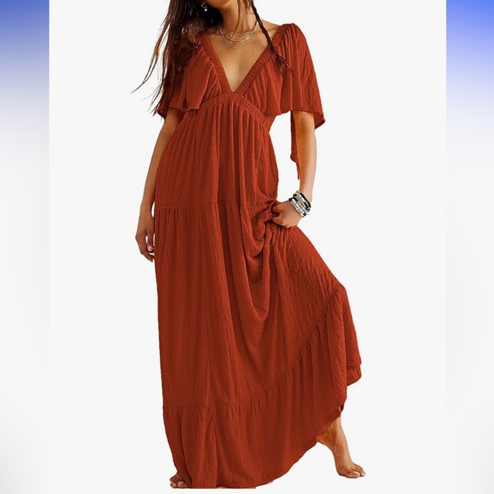 Burnt Orange Flutter Sleeve Plunge Maxidress